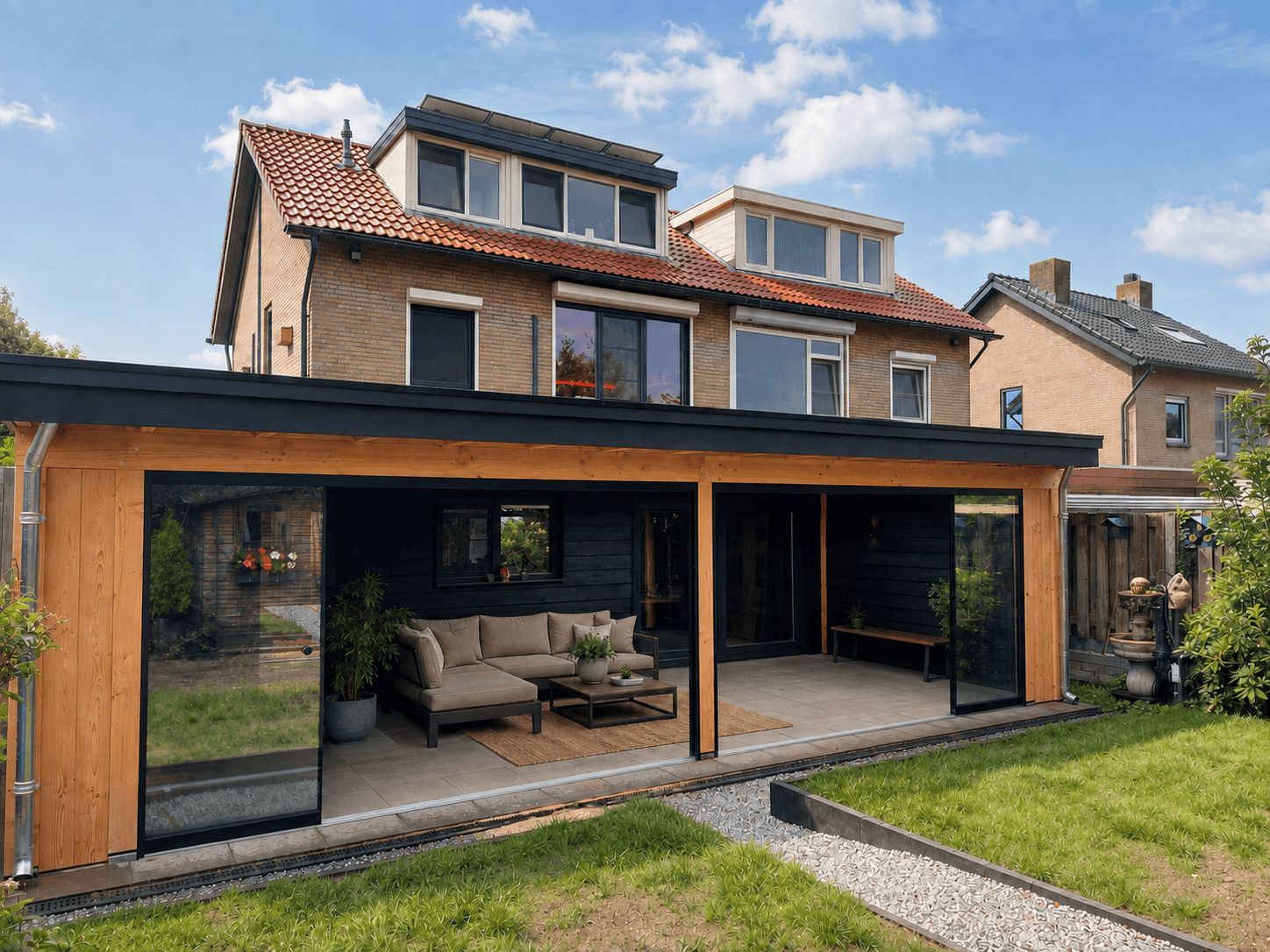 overkapping aan huis met zwart boeiboord 2
